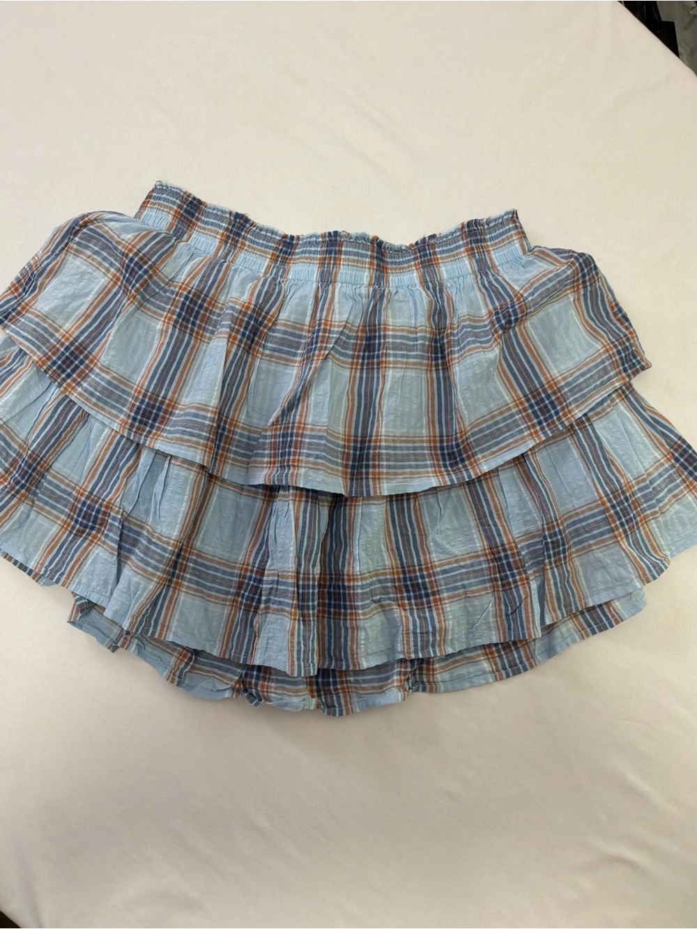 aerie Light Blue Plaid Tiered Mini Skirt with Brown Accent